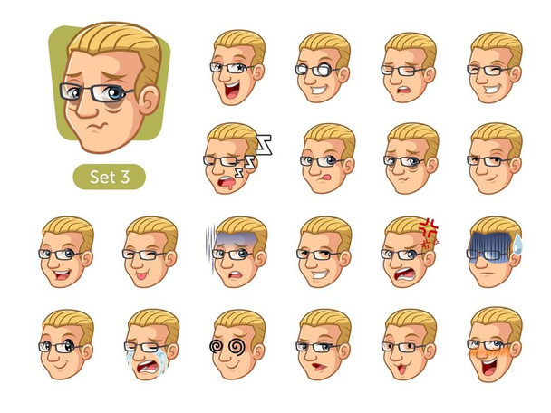 The third set of male facial emotions cartoon character design with blonde hair and different expressions, cry, sleep, pissed of, embarassed, fear, triumph, confused, fear, etc. vector illustration. - Vector, Image