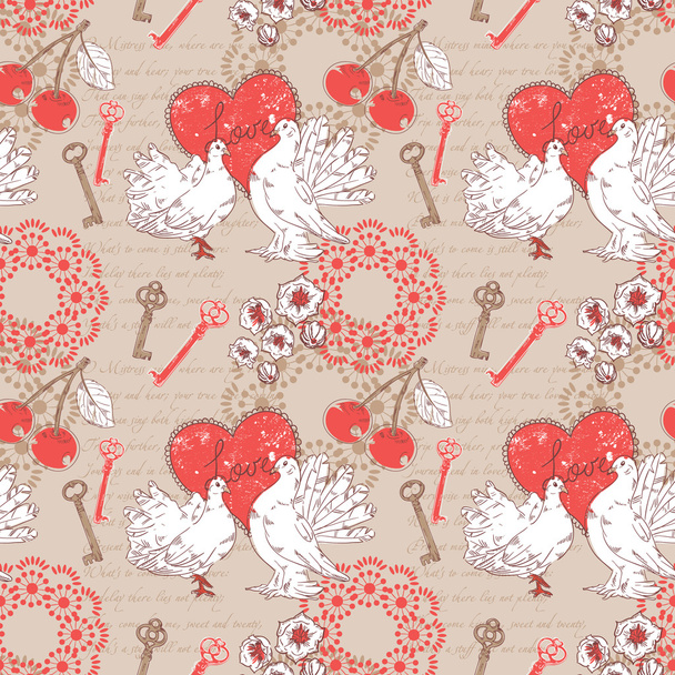 Valentine romantic retro seamless pattern with hearts and doves - Wektor, obraz
