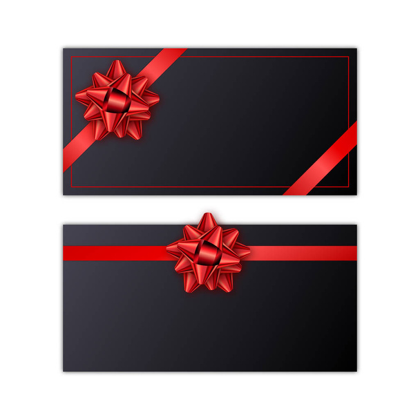 Set of black holiday gift card with red ribbon and bow. Template for a business card, banner, poster, notebook, invitation - ベクター画像