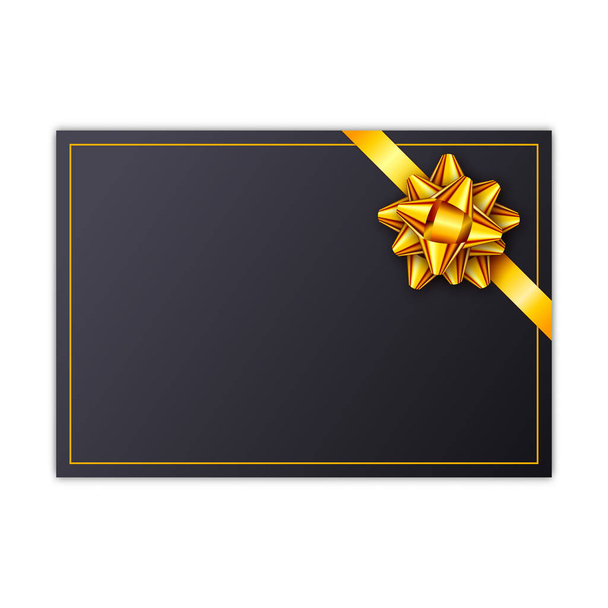 Black holiday gift card with golden ribbon and bow. Template for a business card, banner, poster, notebook, invitation - Vektor, Bild