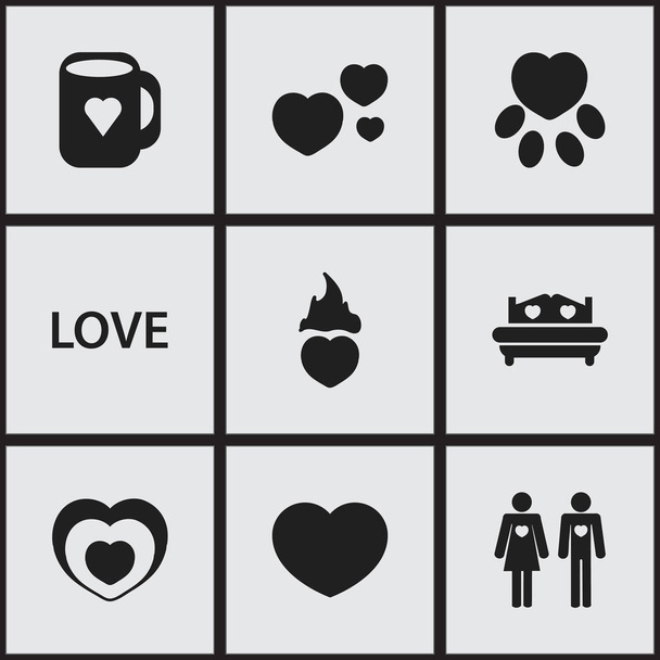 Set van 9 bewerkbare amour iconen. Bevat symbolen zoals matras, liefde, vuur liefdevolle en meer. Kan worden gebruikt voor web, mobiel, ontwerp Ui en infographic. - Vector, afbeelding