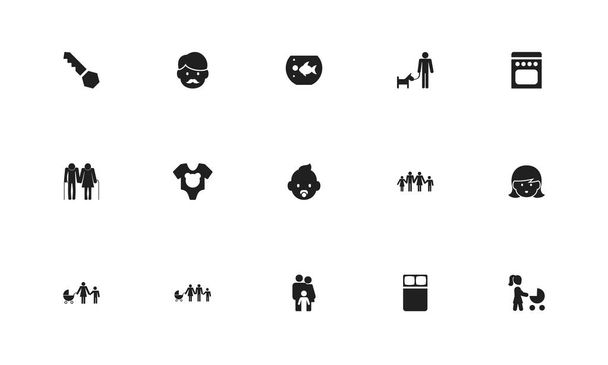 Set van 15 bewerkbare familie iconen. Bevat symbolen zoals tweepersoonsbed, wandelwagen, fornuis en meer. Kan worden gebruikt voor web, mobiel, ontwerp Ui en infographic. - Vector, afbeelding
