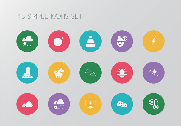 Set of 15 editable climate icons. Includes symbols such as sunshine, rainstorm, frosty weather and more. Can be used for web, mobile, UI and infographic design. - Vector, Image