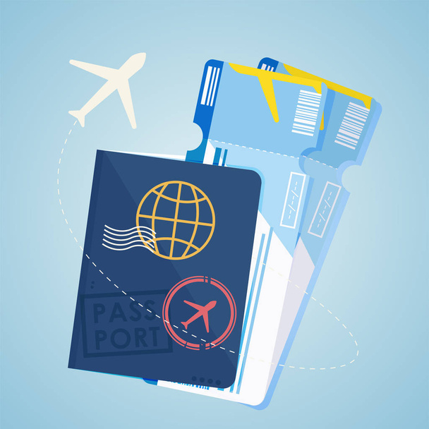 Ξένο διαβατήριο δύο Αεροπορικά Εισιτήρια. Εικονογράφηση μιας πτήσης σε άλλη χώρα. Ταξιδιωτικό πρακτορείο - Διάνυσμα, εικόνα