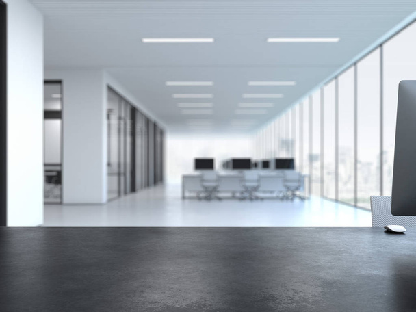Black empty desk at the office interior. 3d rendering - Фото, изображение