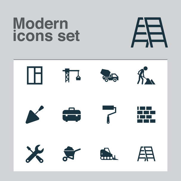 Bausymbole mit Traktor, Treppe, Hubhaken und anderen Bauelementen. isolierte Vektor Illustration Gebäude-Symbole. - Vektor, Bild