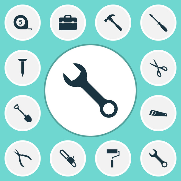 Icone utensili manuali con vernice, chiave, sega e altri elementi di riparazione. Isolato vettoriale illustrazione handtools icone
. - Vettoriali, immagini