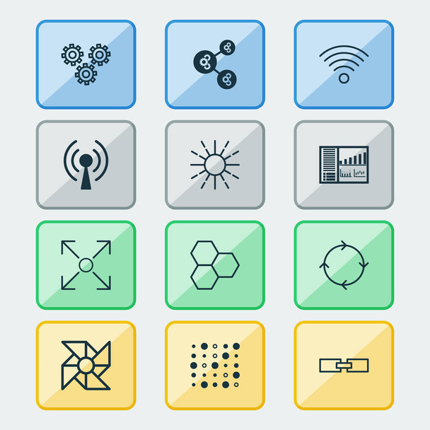 Robotics icons set with information components, related information, mechanism parts and other variable architecture  elements. Isolated vector illustration robotics icons. - Vector, Image