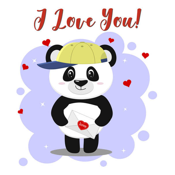The panda in the baseball cap stands and holds a letter with a heart in its paws, in the style of cartoons. - Vector, afbeelding