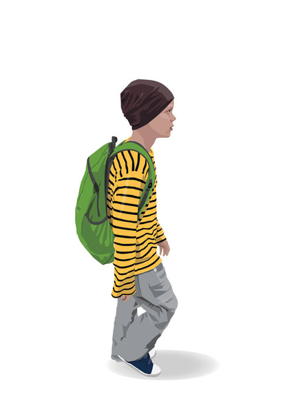 wektor koloru facet z plecaka, wektor kolor obraz chłopca w kapeluszu sportowe, reglan żółty i zielony plecak na białym tle - Wektor, obraz