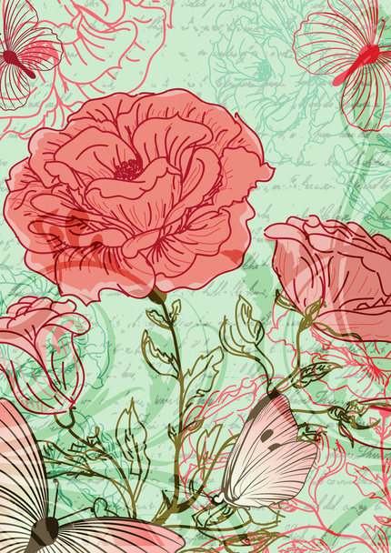 Grungy retro background with roses and butterflies - Vektori, kuva