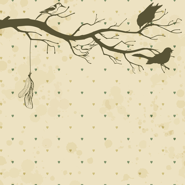 Grungy retro background with tree branch and birds silhouettes - Vector, Image