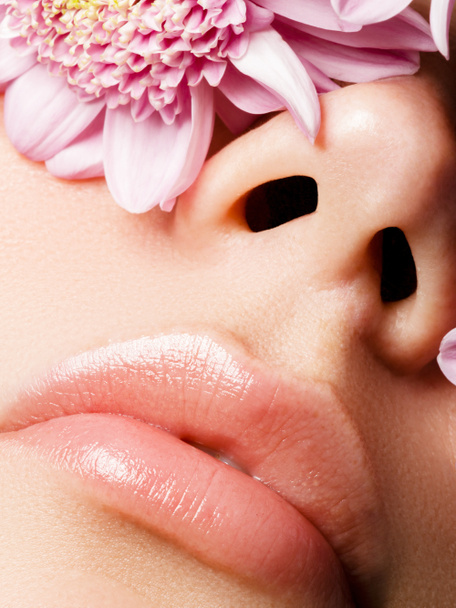 Lips augmentation. Perfect natural lip makeup. Close up macro photo with beautiful female mouth. Plump full lips. Close-up face detail. Perfect clean skin, light fresh lip make-up - Zdjęcie, obraz