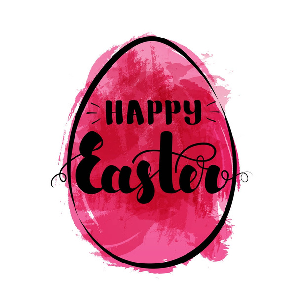 Schriftzug "Frohe Ostern" schwarze Farbe auf rosa farbigem Aquarell-Ei, isoliert auf weißem Hintergrund. Vektor-Illustration für Grußkarten, Poster, Banner, Flyer und mehr. - Vektor, Bild