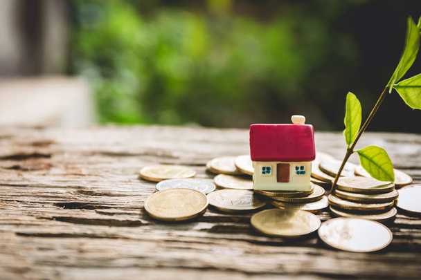 Miniature house toy with coin and leaf vintage style - Photo, Image