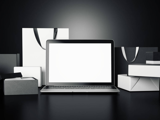 Ноутбук з великою кількістю подарункових пакетів і пакетів. 3D візуалізація
 - Фото, зображення