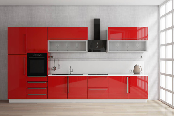 De meubels van de moderne rode keuken met keukengerei in de buurt van venster. 3D-re - Foto, afbeelding
