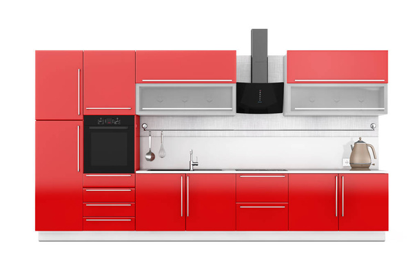 Современная мебель из красной кухни с кухонными принадлежностями. 3D-рендеринг
 - Фото, изображение