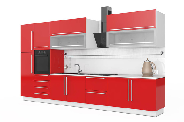 Muebles de cocina rojos modernos con utensilios de cocina. Renderizado 3d
 - Foto, Imagen