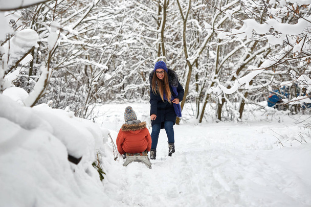 winter fun. a girl and a boy are sledding. - Photo, Image