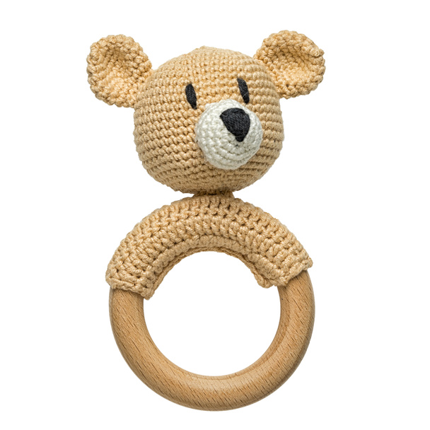 amigurumi giocattolo bambino orso all'uncinetto con cerchio manico di legno isolato su sfondo bianco
 - Foto, immagini