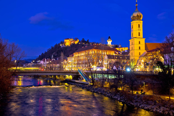 Mur river and Graz cityscape evening view - Фото, зображення