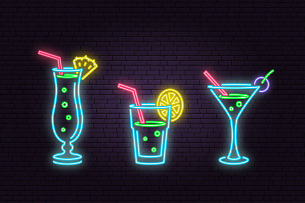 Set of cocktail neon emblem.Vector illustration. - Vetor, Imagem