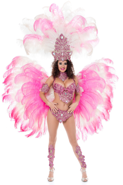 seductive girl posing in carnival costume with pink feathers, isolated on white - Foto, Imagen
