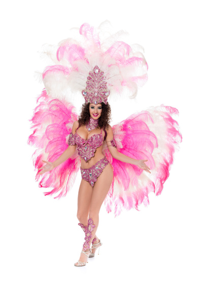 seductora mujer bailando en traje de carnaval con plumas rosas, aislada en blanco
 - Foto, imagen