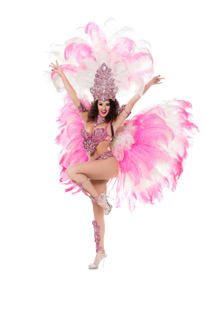 menina sorridente dançando em traje de carnaval com penas rosa, isolado em branco
 - Foto, Imagem
