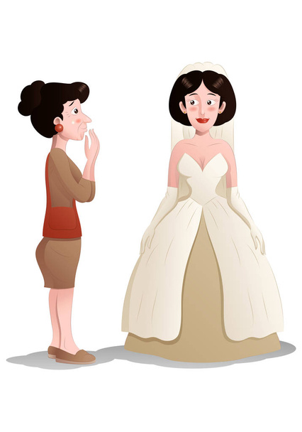 покупка жінка спробувати весільну сукню на ізольованій
 - Фото, зображення