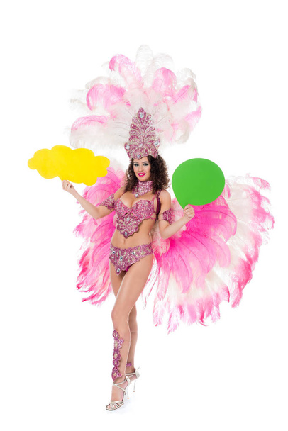 woman in carnival costume holding yellow empty text balloon and another one green, isolated on white    - Photo, Image