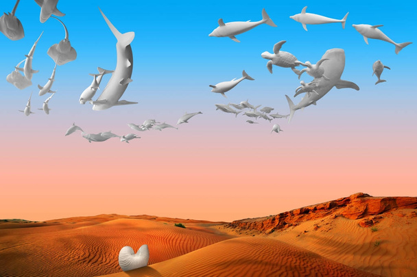 σουρεαλιστικό τοπίο με ιπτάμενα ζώα στη θάλασσα πάνω από την έρημο σε ντεγκραντέ μπλε ουρανό φόντο. Φανταστικό μυστηριώδες τοπίο. Κοχύλι Ναυτίλος λευκό σε μια άμμο - Φωτογραφία, εικόνα