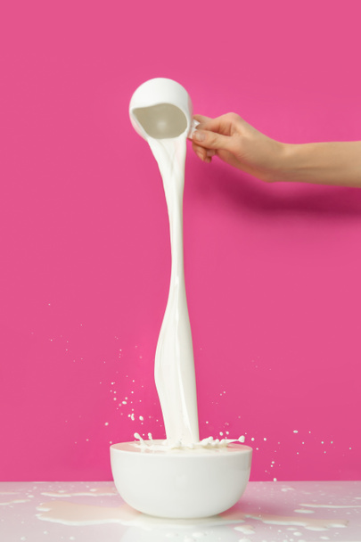 частичный вид человека, наливающего свежее молоко из кувшина в миску на розовый
   - Фото, изображение