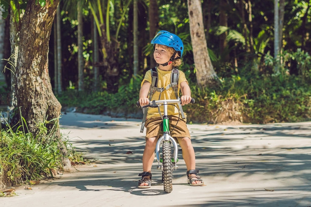 Little boy on a bicycle. Caught in motion, on a driveway motion blurred. Preschool child's first day on the bike. The joy of movement. Little athlete learns to keep balance while riding a bicycle. - 写真・画像