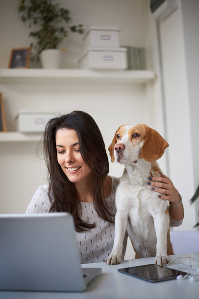 Young beautiful woman with dog at home  - Photo, Image