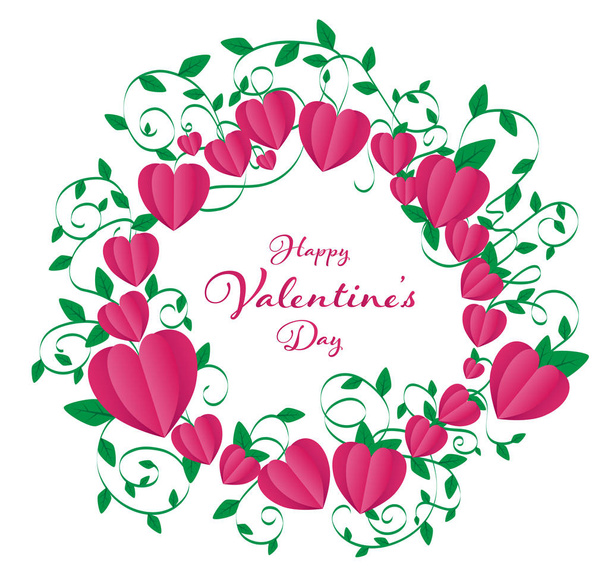 isolate valentines frame contains heart rounding in circle shape and rolled by green vines along leafs ,in middle included Happy Valentine's Day text all and white background - Vector, Image