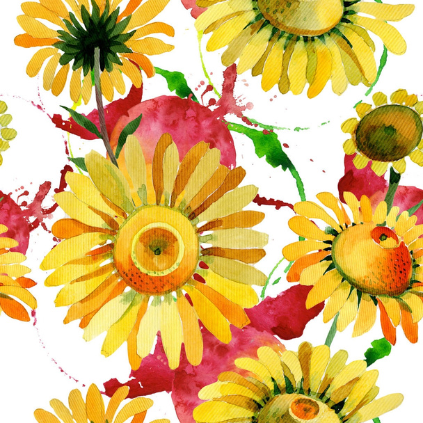 Wildflower yellow chamomile flower pattern in a watercolor style. - Fotoğraf, Görsel