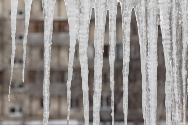 Vom verschneiten Dach des Hauses hängen gefährliche Eiszapfen. Großes Kino - Foto, Bild
