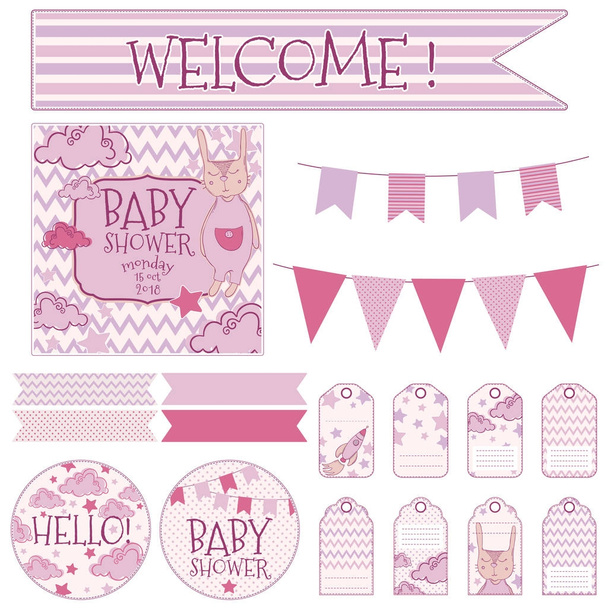 Childrens vector set for the birth of a child, birthday. Baby Shower, tags, garland, postcard, sticker. - Вектор,изображение