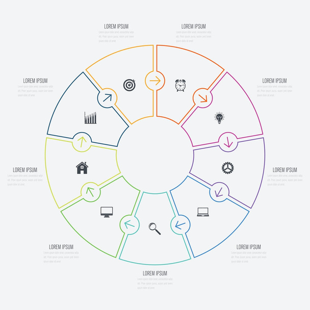 Infographics template 9 options with circle - Vektör, Görsel