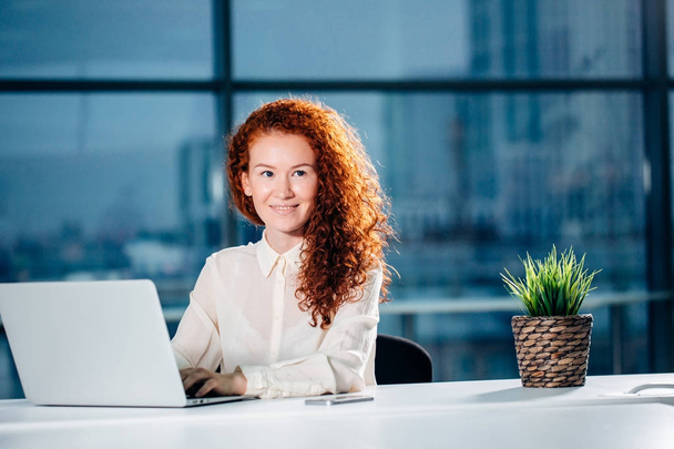 redhead businesswoman sitting at bright modern work station and typing on laptop - Foto, Bild