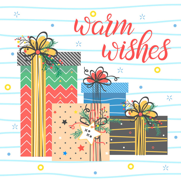 Christmas and New Year typography.Warm wishes - holidays greetings with colorful confetti and stars.Seasons greetings card perfect for prints, flyers,cards,invitations and more.Vector illustration. - Vektor, Bild