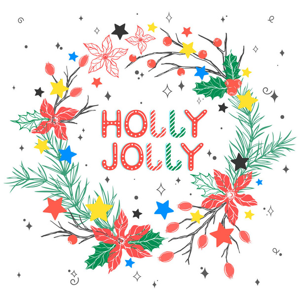 Christmas and New Year typography.Holly Jolly and christmas wreath with swirls, sparkles and stars.Seasons greetings card perfect for prints, flyers,cards,invitations and more.Vector illustration. - Vecteur, image