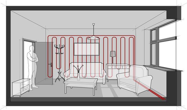 Diagram van een Eenpersoonskamer ingericht met sofa, stoel, tafel, kasten, hanglamp, doeken hanger en schilderen op de muur verwarmd met wand Verwarming  - Vector, afbeelding