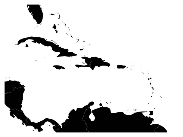 Mapa Karibiku a Střední Ameriky. Silueta černé země a bílá voda. Jednoduchá plochá vektorová ilustrace - Vektor, obrázek