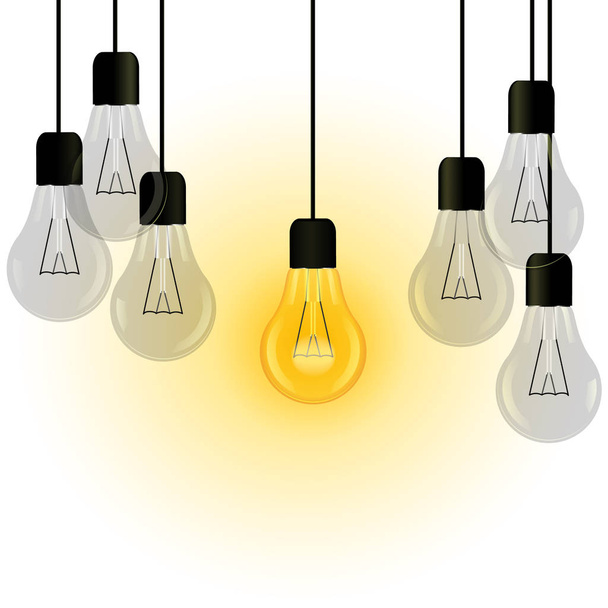 A glowing incandescent lamp and a light bulbs turned off on a white background - Vector, afbeelding
