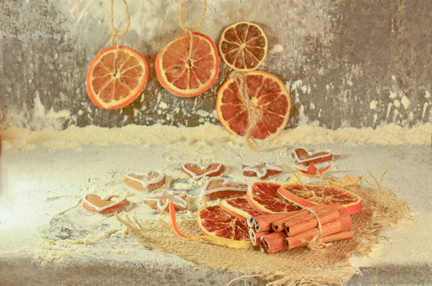 Gingerbread cookies, dried oranges and spices - Photo, Image