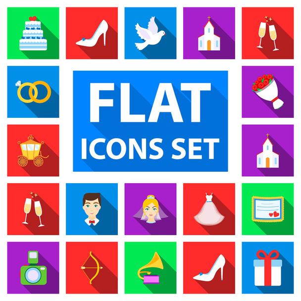 Wedding and Attributes flat icons in set collection for design.Newlyweds and Accessories vector symbol stock web illustration. - Vector, Image