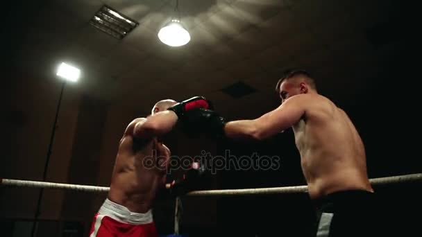 Two boxers on the rig are fighting. Dynamic camera movement. Wide angle. Camera on the rig. - Metraje, vídeo